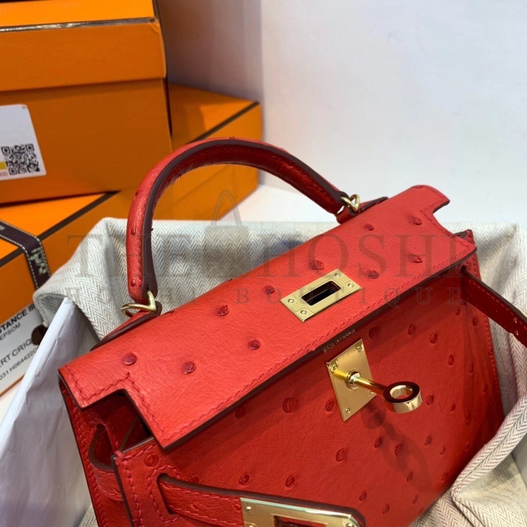 H**me5 Red Ostrich Kelly Mini II Handmade Bag Master Quality
