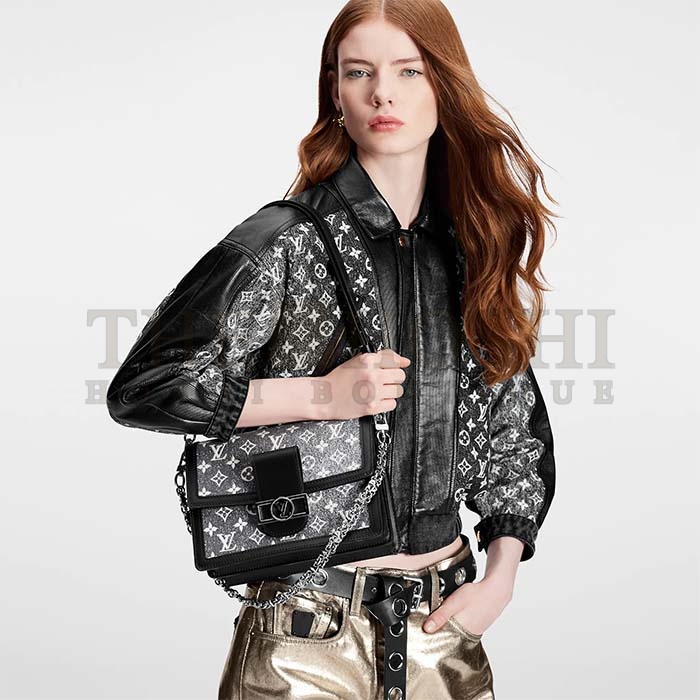 L0vis Vvtt0n LV Women Dauphine MM Handbag Gray Denim Textile Jacquard Master Quality