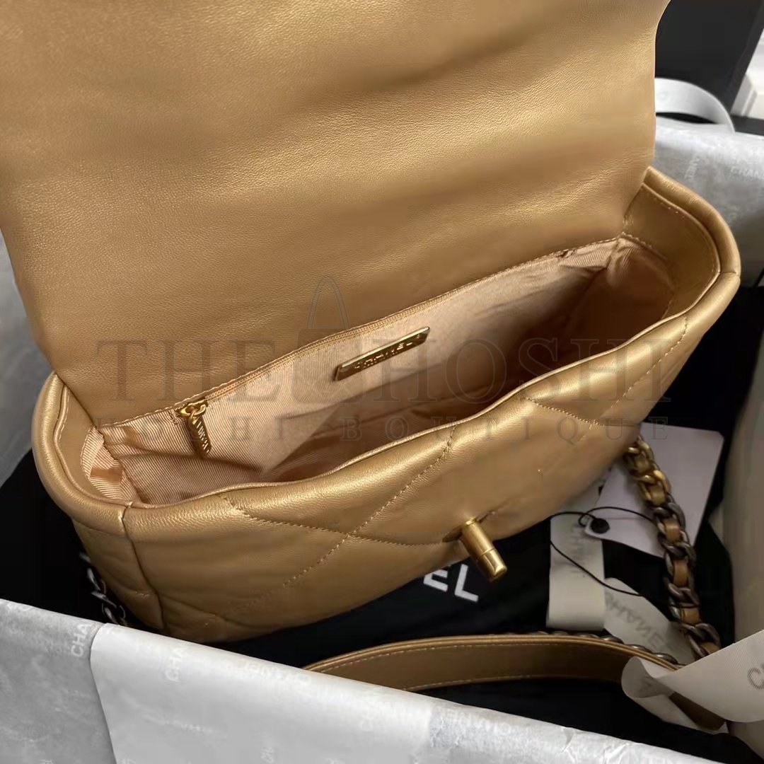 Ch**el CC Women 19 Handbag Metallic Lambskin Gold Silver Tone Gold Bag Master Quality