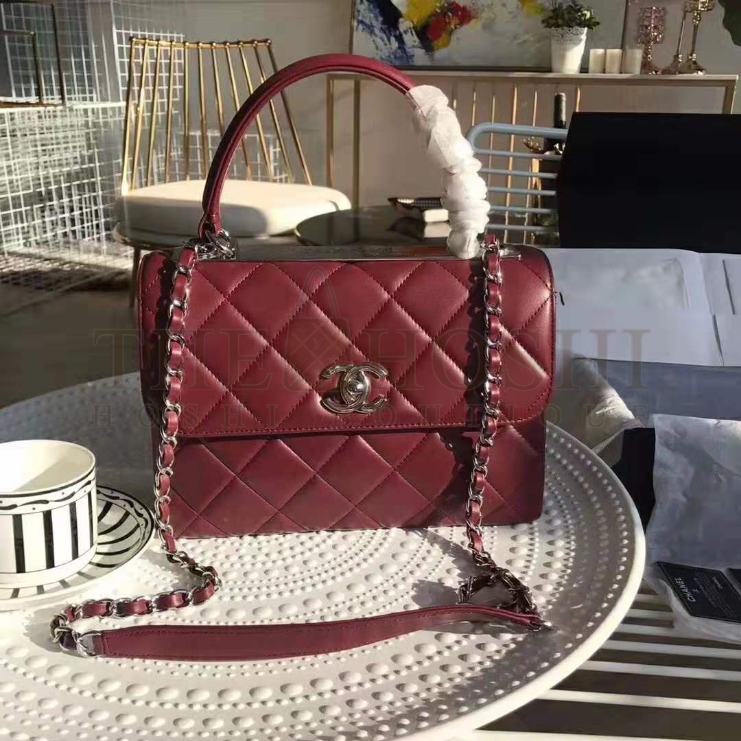 Ch**el Women Small Flap Bag with Top Handle in Lambskin Leather-Maroon Master Quality