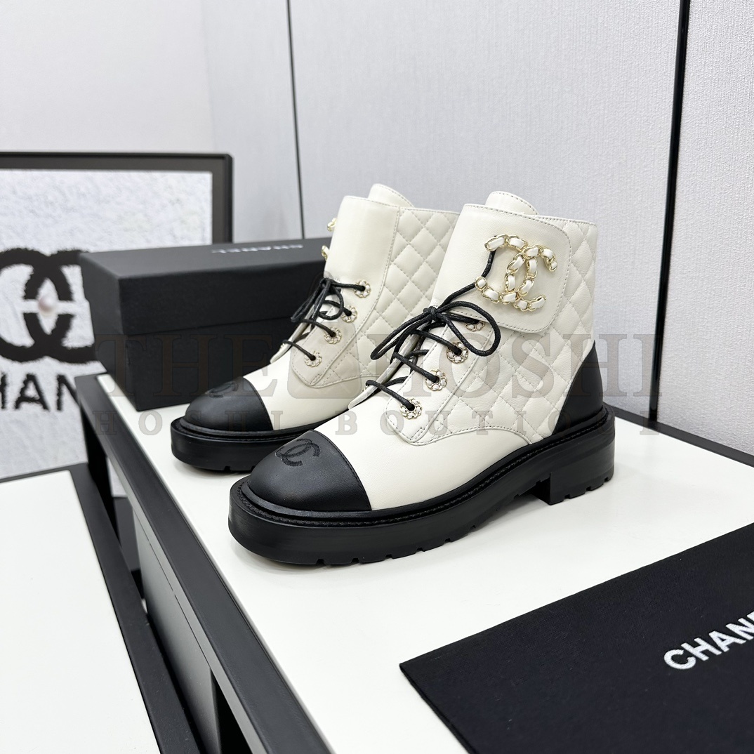 Ch**el Shiny Lambskin Quilted Lace Up Combat Boots Master Quality