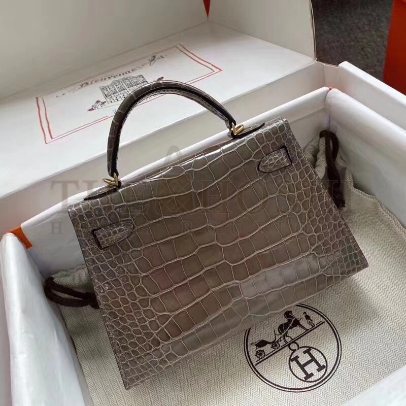 H**me5 Taupe Grey Alligator Crocodile Kelly Mini II Handmade Bag Master Quality