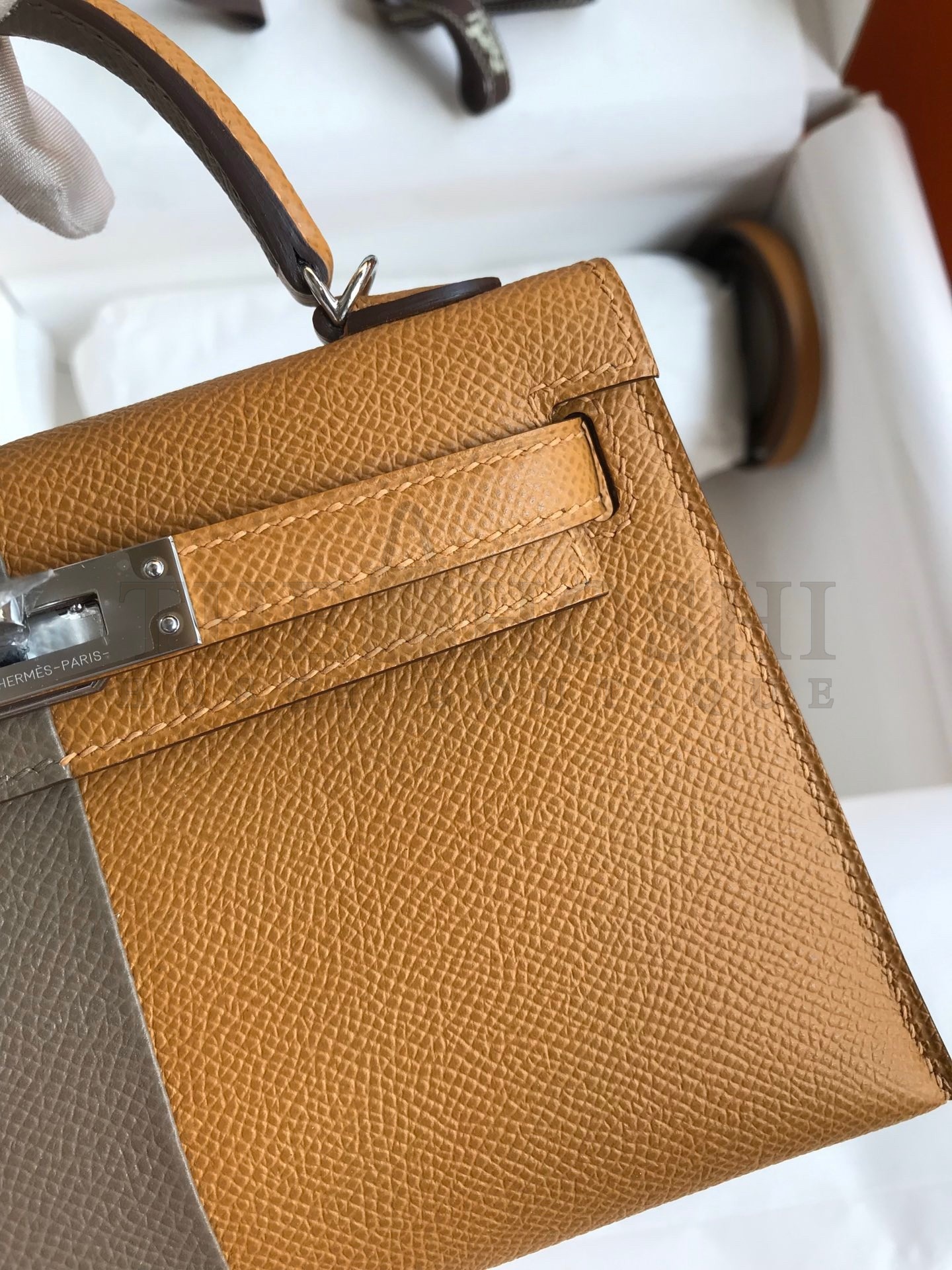 H**me5 Kelly Mini II Sellier Tri-color Bag In Taupe/Sesame/Blue Nuit Epsom Calfskin Master Quality
