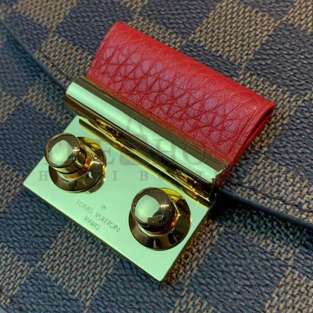 L0vis Vvtt0n LV Women Croisette Chain Wallet Scarlet Red Damier Ebene Coated Canvas Master Quality