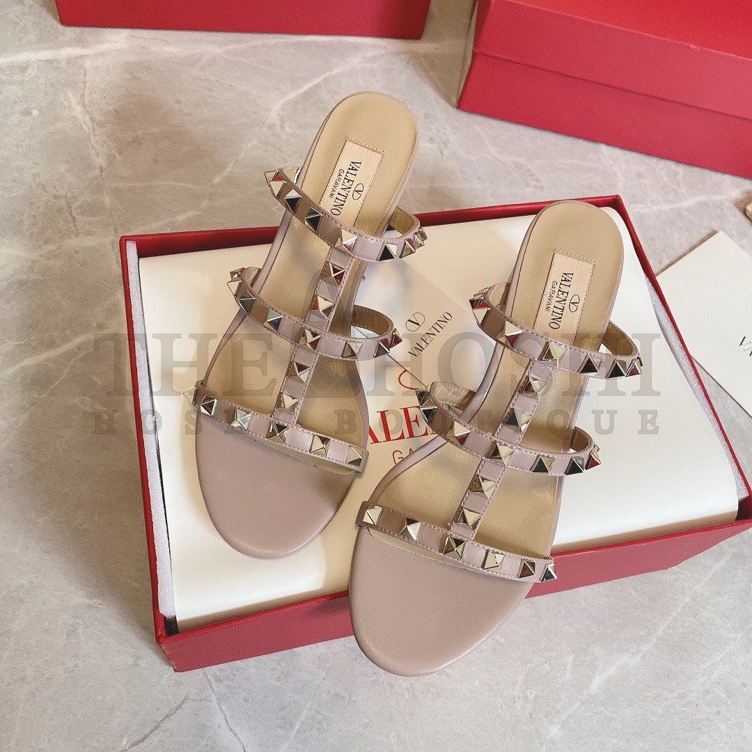 Va1e*ntin0 Rockstud Slide Sandals 60mm In Poudre Calfskin Master Quality