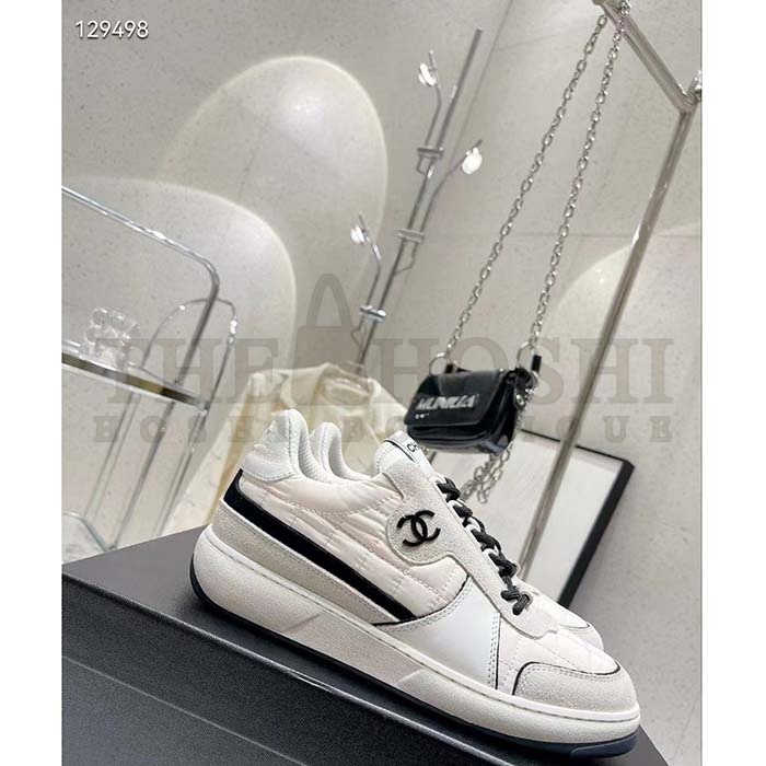 Ch**el Women CC Sneakers Fabric Suede Calfskin Calfskin White Light Gray Master Quality