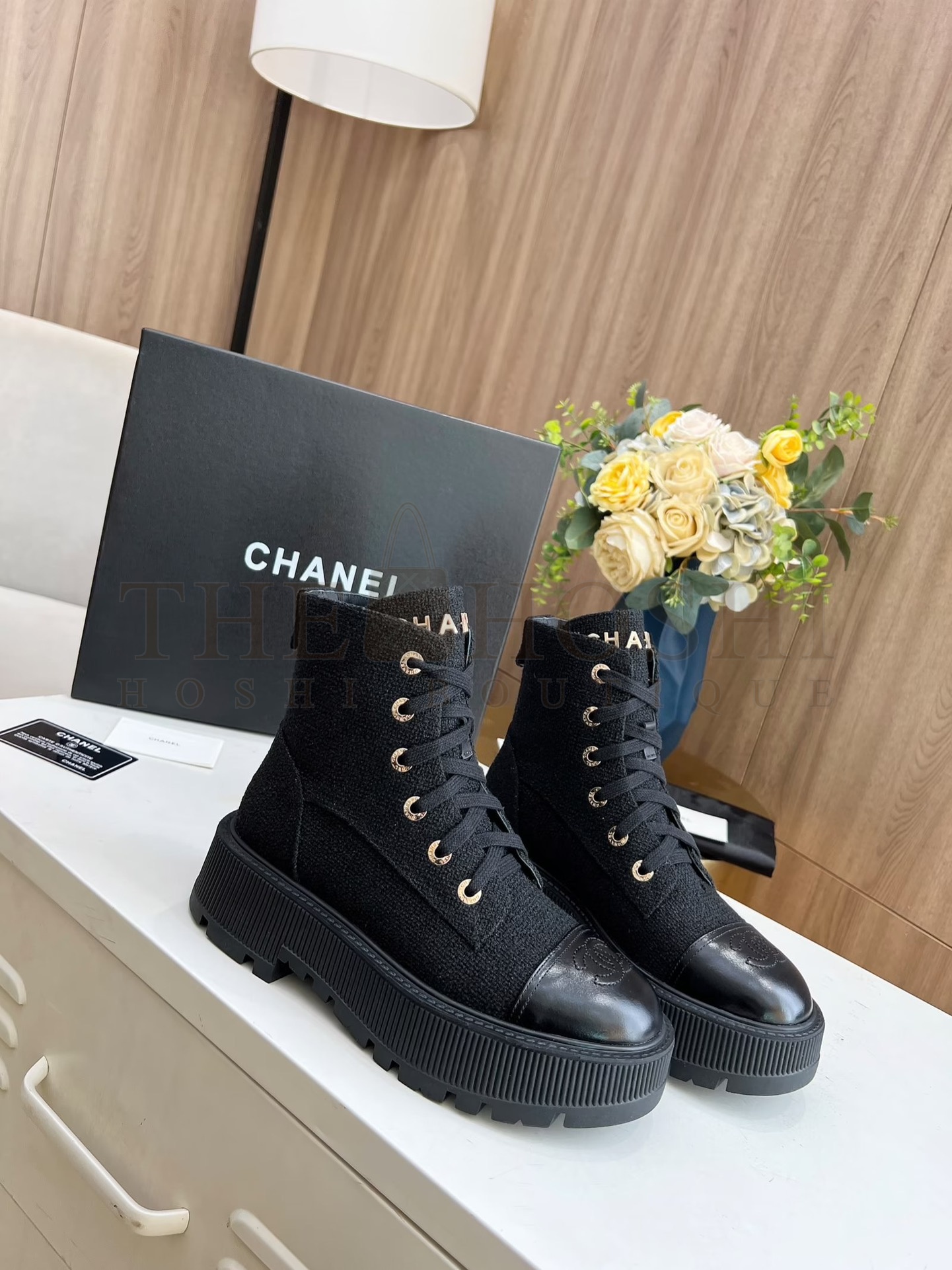 Ch**el Shiny Lambskin Quilted Lace Up Combat Boots Master Quality
