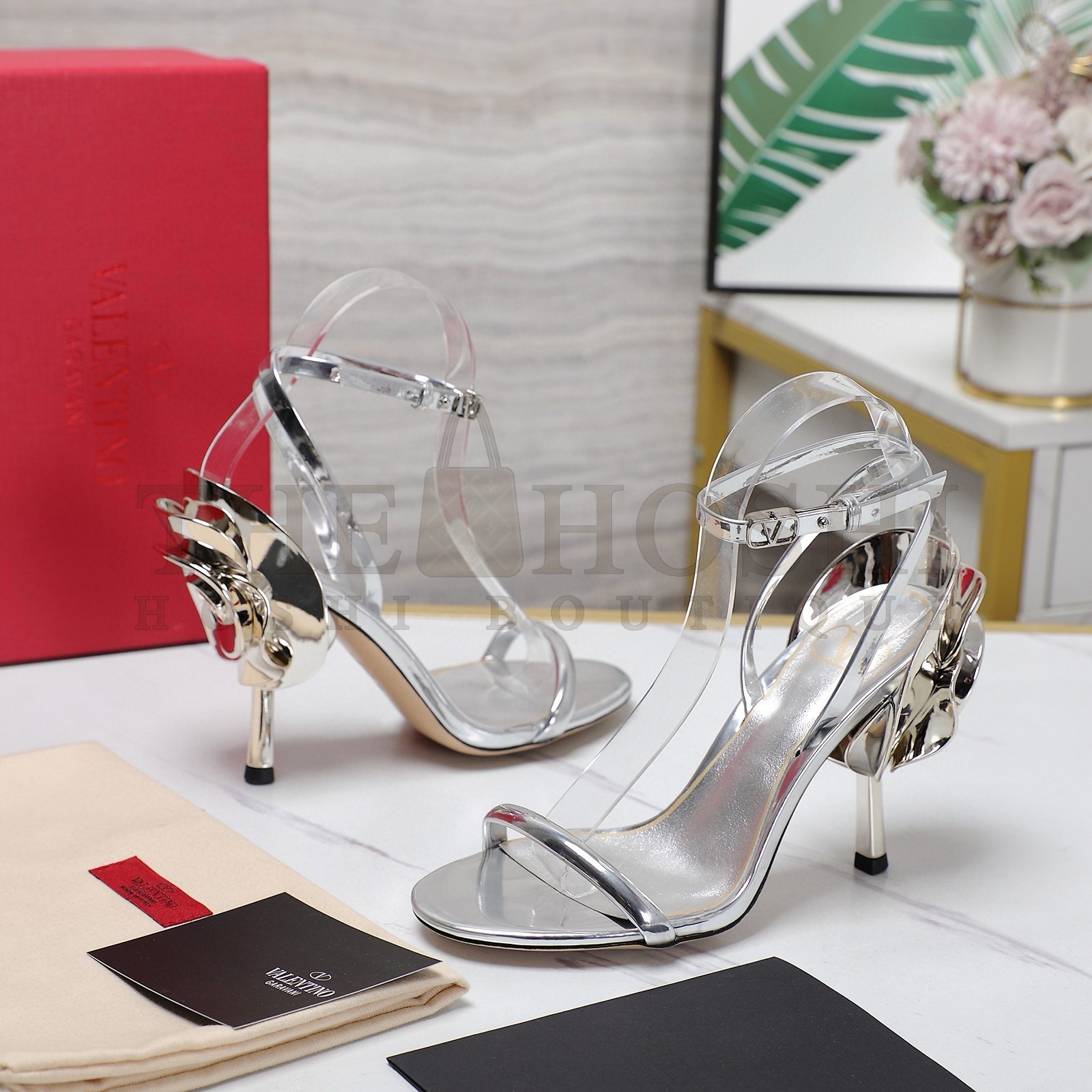 Va1e*ntin0 Roserouche Sandals 1990 100mm in Silver Calfskin Master Quality
