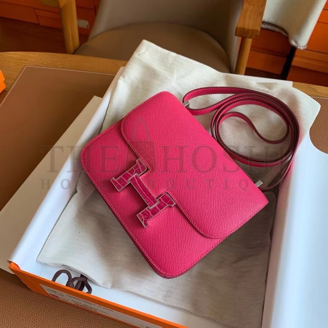 H**me5 Constance Enamel 18 Handmade Bag In Rose Mexico Epsom Calfskin Master Quality