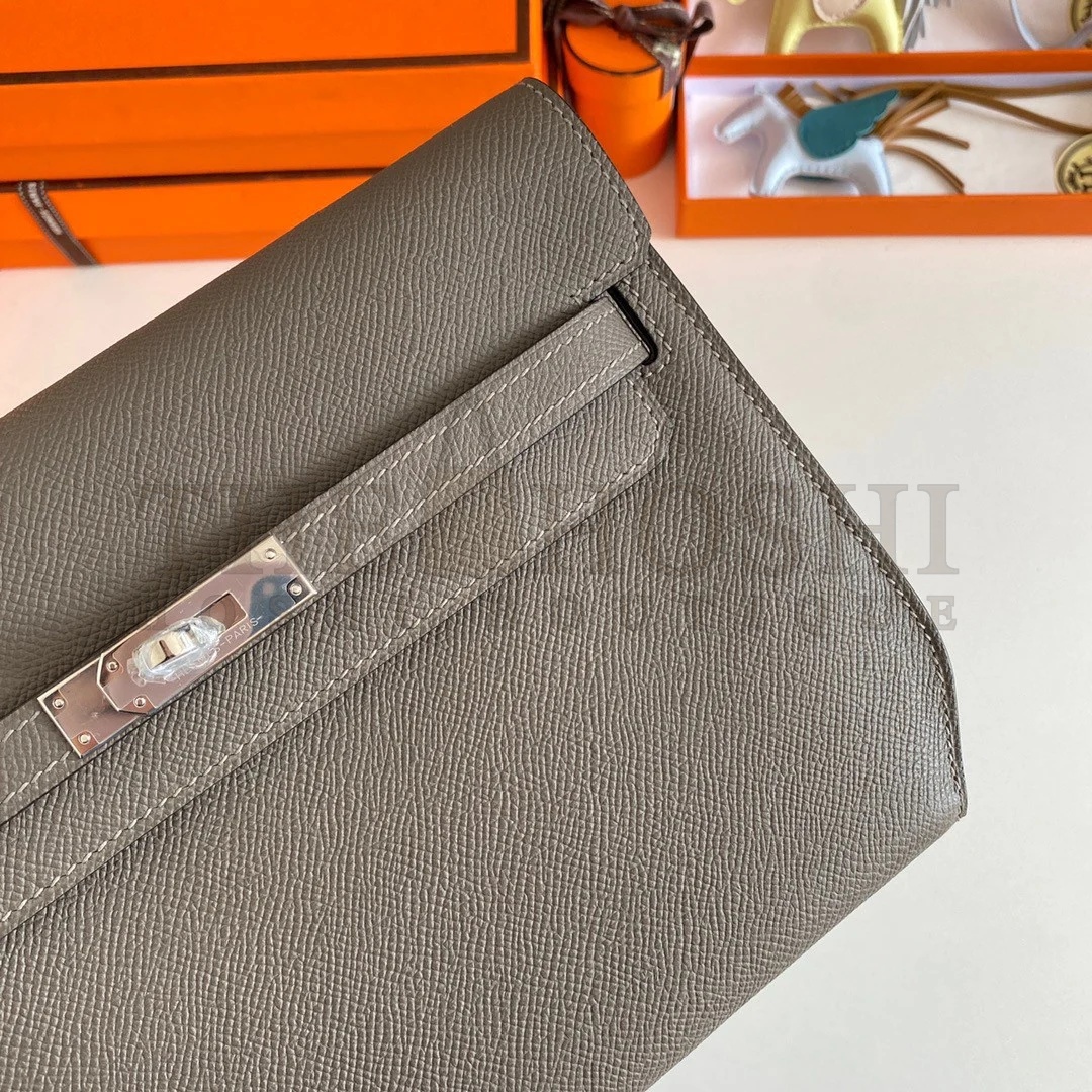 H**me5 Kelly Depeches 25 Pouch in Etain Epsom Calfskin Master Quality