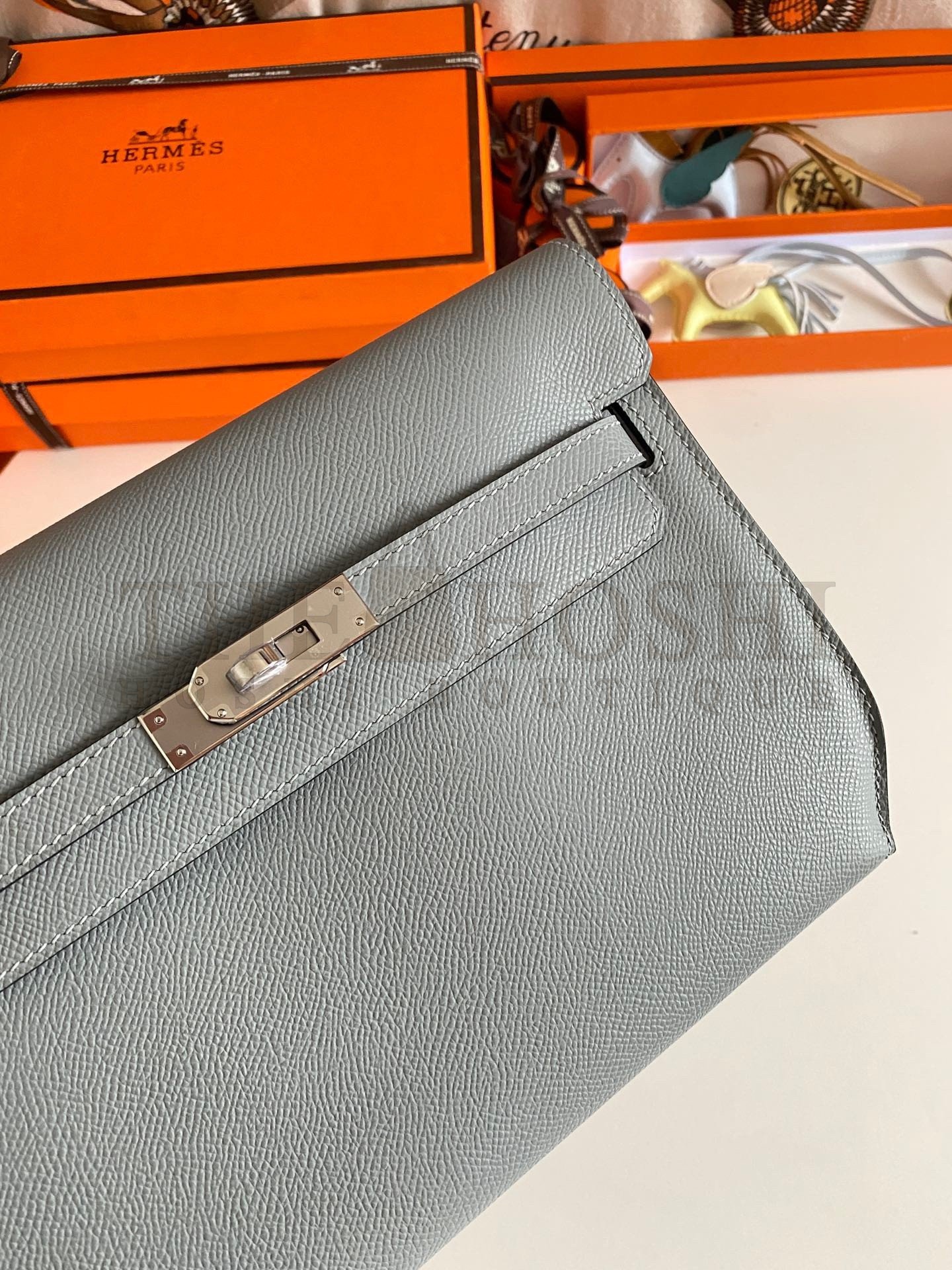 H**me5 Kelly Depeches 25 Pouch in Blue Lin Epsom Calfskin Master Quality