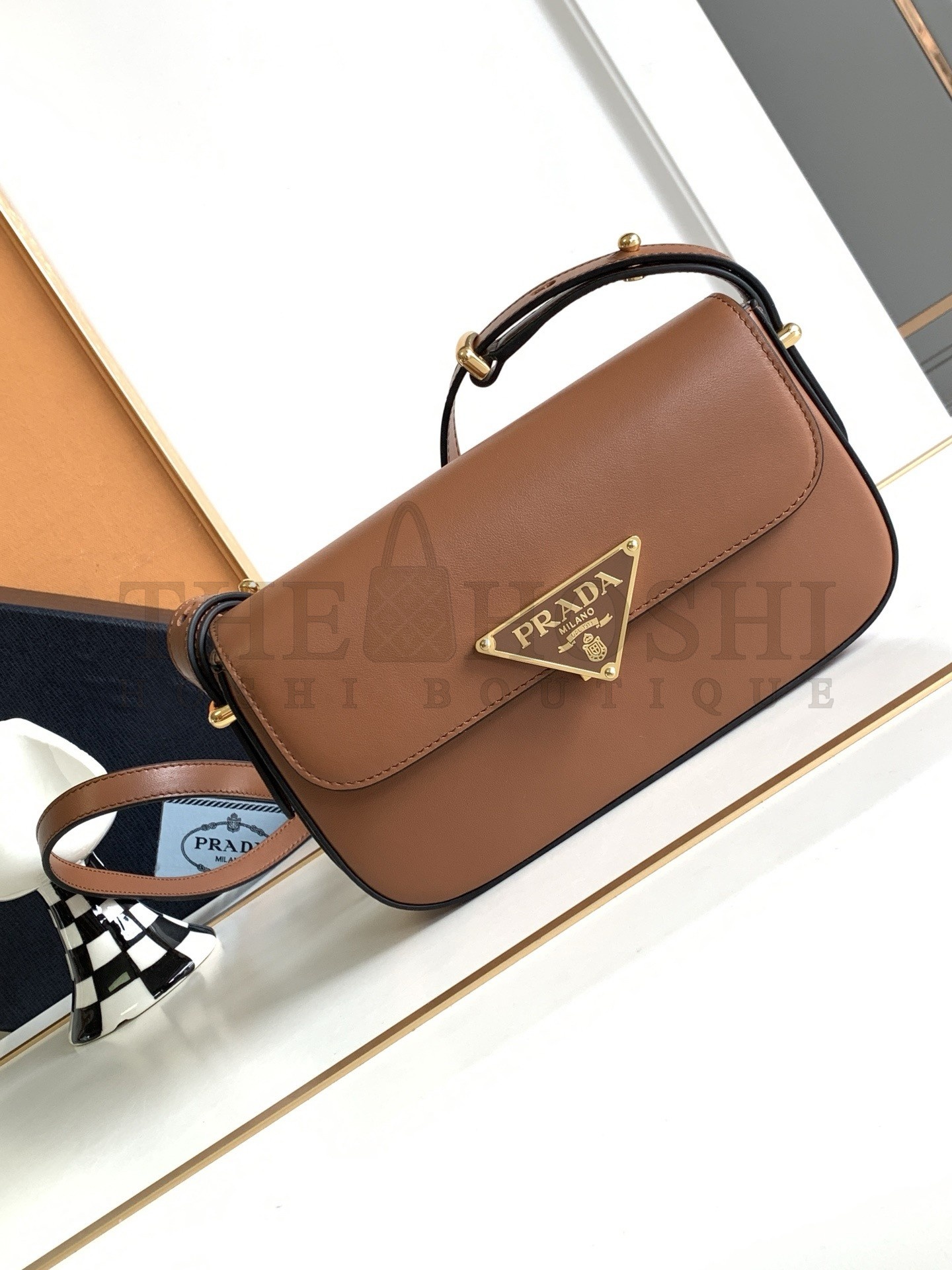 Pra*a Shoulder Bag in Cognac Smooth Calfskin Master Quality