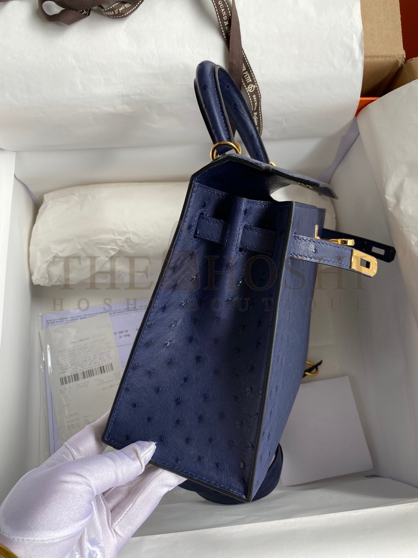 H**me5 Kelly Sellier 25 Handmade Bag In Blue Iris Ostrich Leather Master Quality