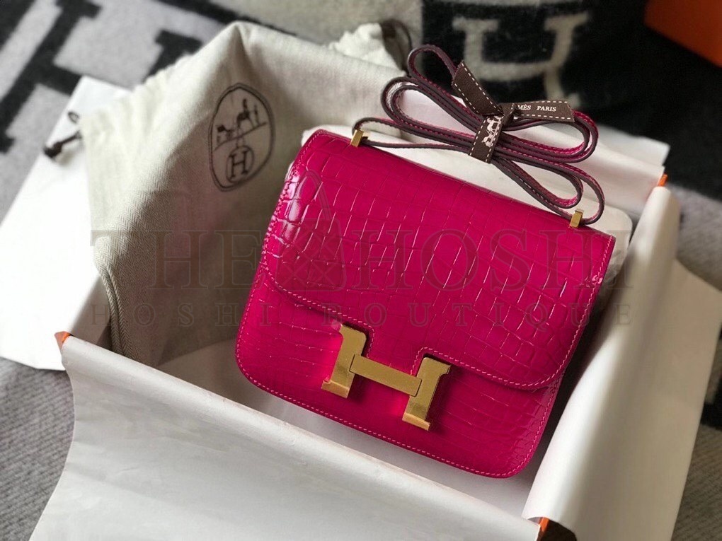 H**me5 Constance 18cm Bag In Rose Red Embossed Crocodile Master Quality