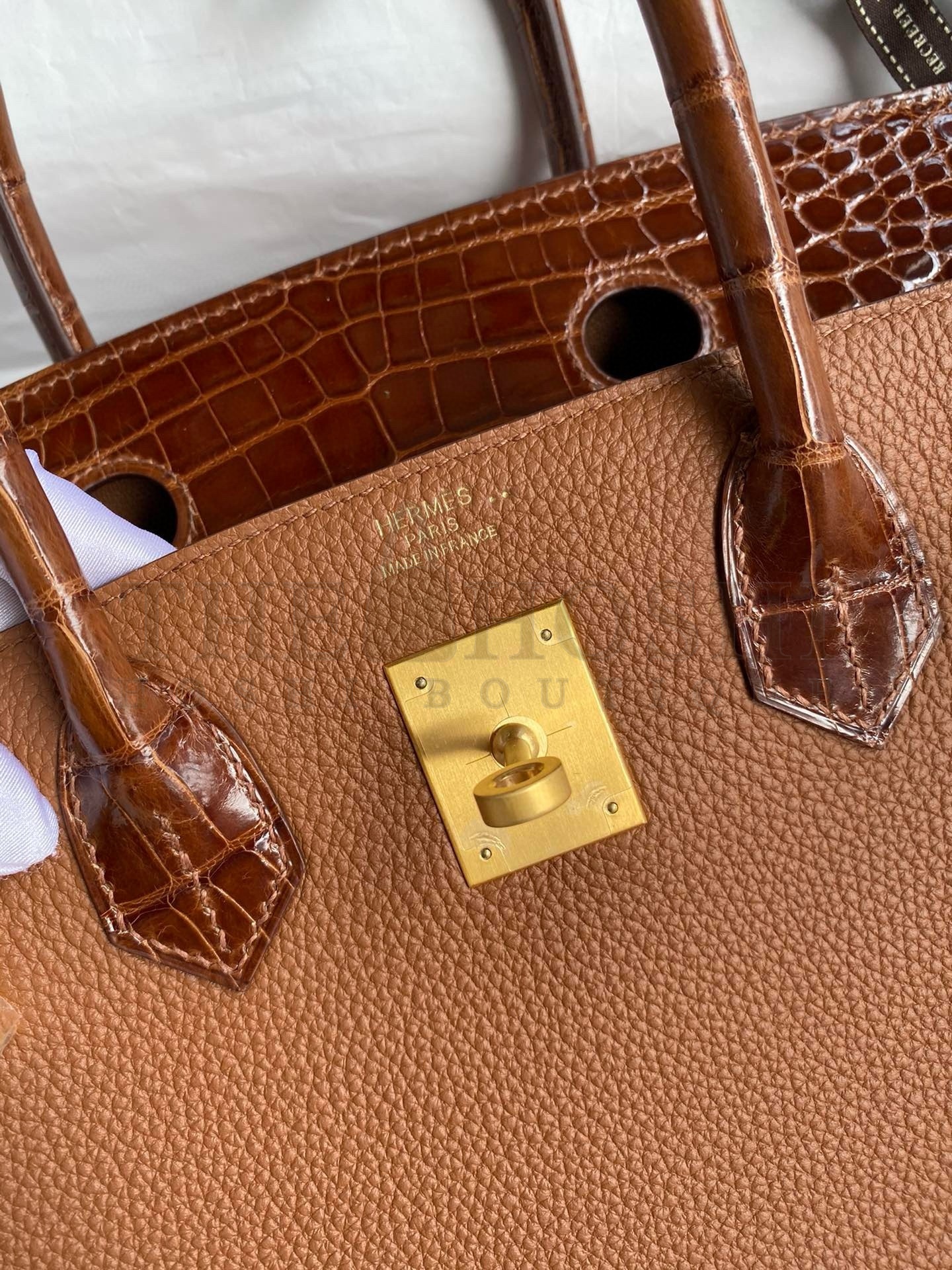 H**me5 Touch Birkin 30 Bag In Gold Clemence and Shiny Niloticus Crocodile Skin Master Quality
