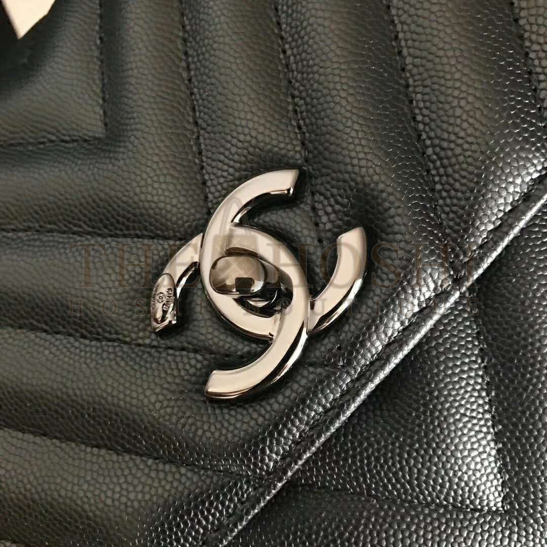 Ch**el Women Flap Bag with Top Handle Grained Calfskin-Black Master Quality