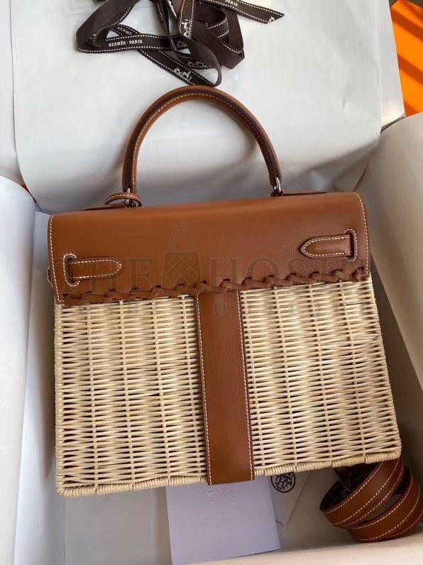 H**me5 Brown Picnic Kelly 28cm Wicker Bag Master Quality