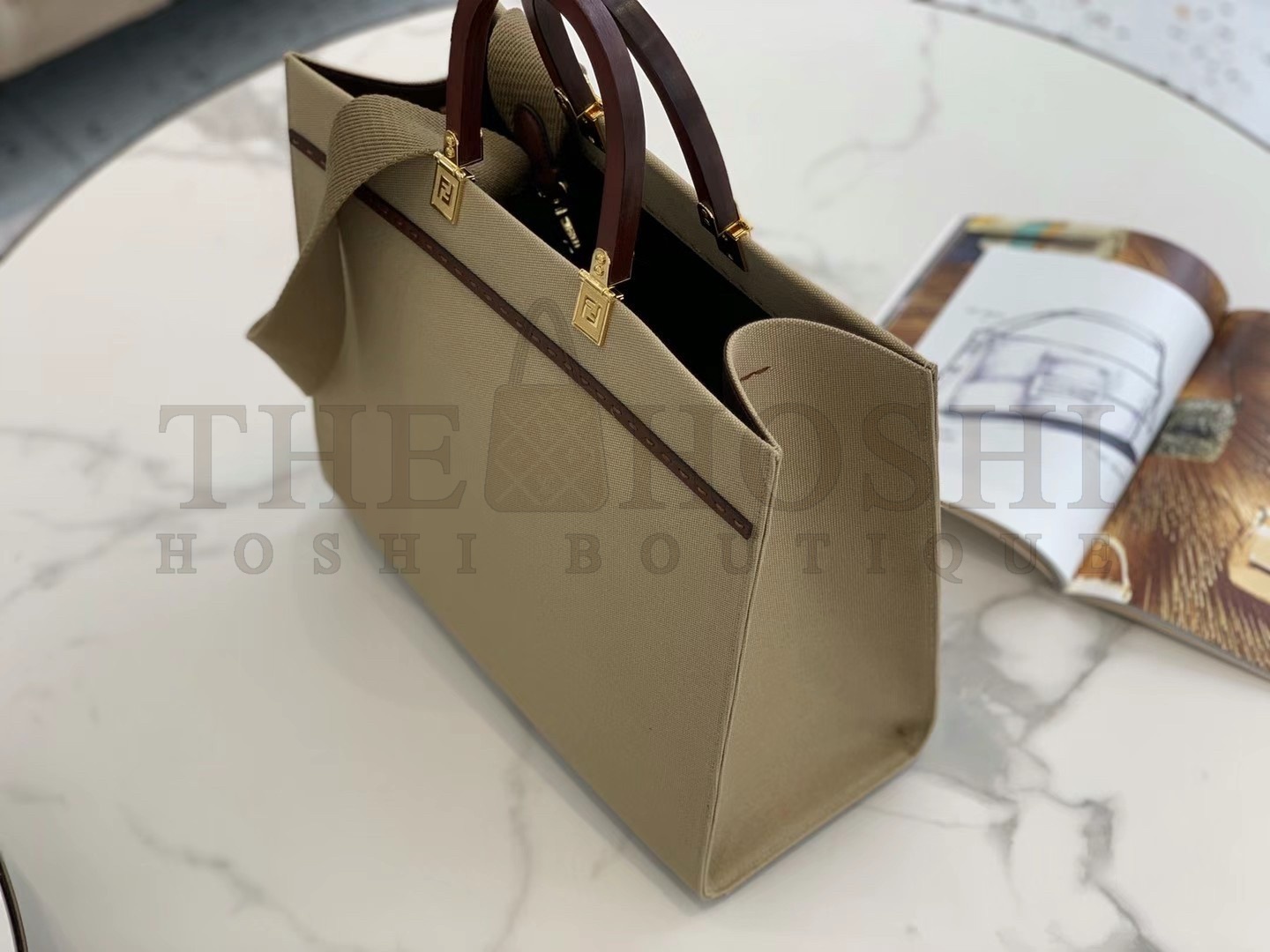 F**di Sunshine Medium Tote Bag In Beige Canvas Master Quality