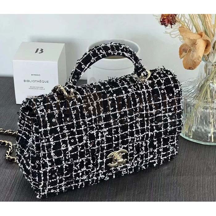 Ch**el Women CC Mini Flap Bag Top Handle Sequin Tweed Black Master Quality