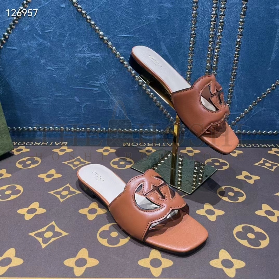 Gvc*1 Unisex Interlocking G Slide Sandals Orange Leather Cut-Out Flat Master Quality