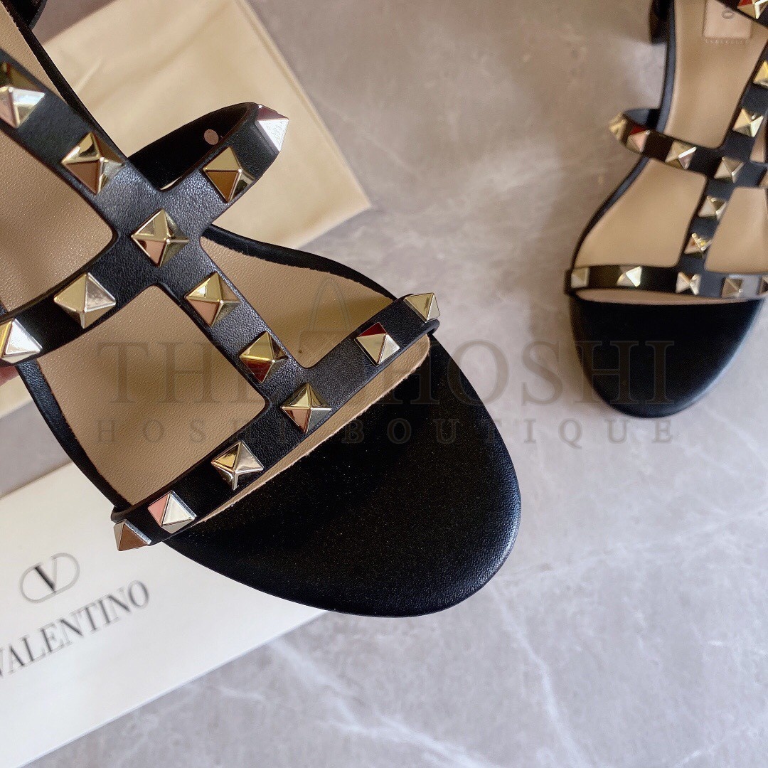 Va1e*ntin0 Rockstud Ankle Strap Sandals 60mm In Black Calfskin Master Quality
