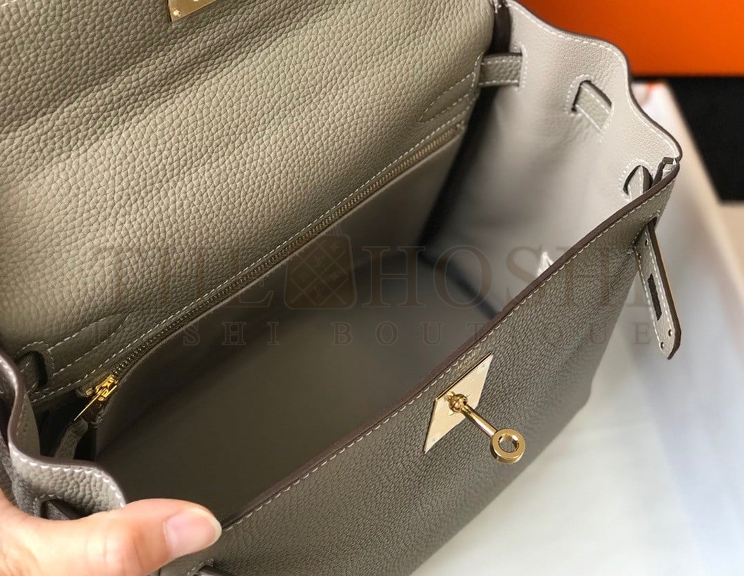 H**me5 Kelly 28cm Retourne Bag in Gris Tourterelle Clemence Leather GHW Master Quality