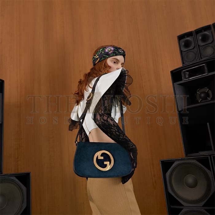 Gvc*1 Women GG Blondie Shoulder Bag Deep Blue Suede Interlocking G Master Quality