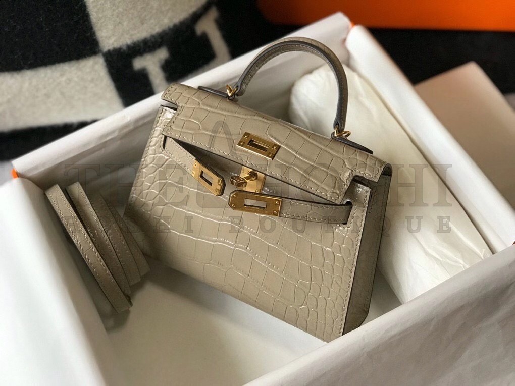 H**me5 Kelly Mini II Bag In Taupe Embossed Crocodile Calfskin Master Quality