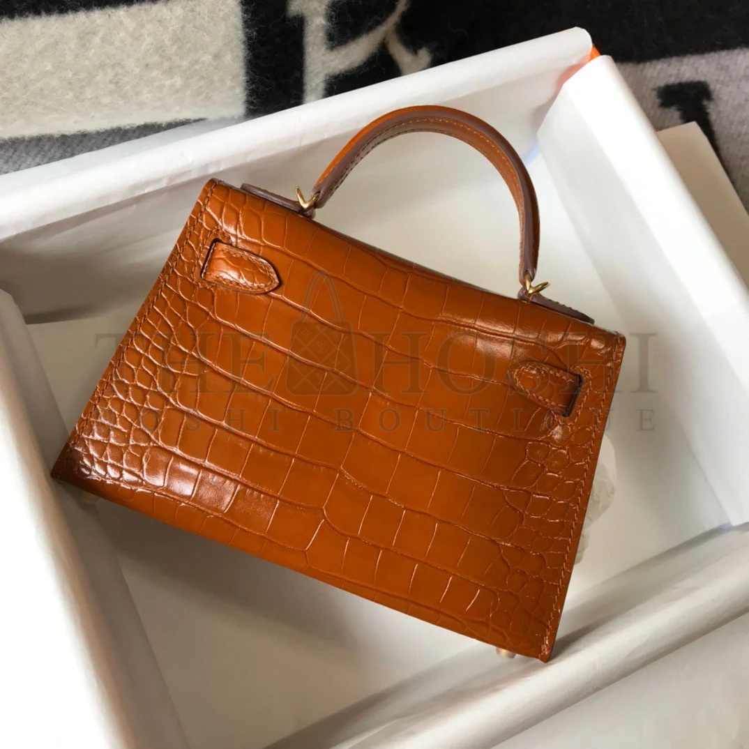 H**me5 Kelly Mini II Sellier Bag In Gold Crocodile Embossed Leather Master Quality