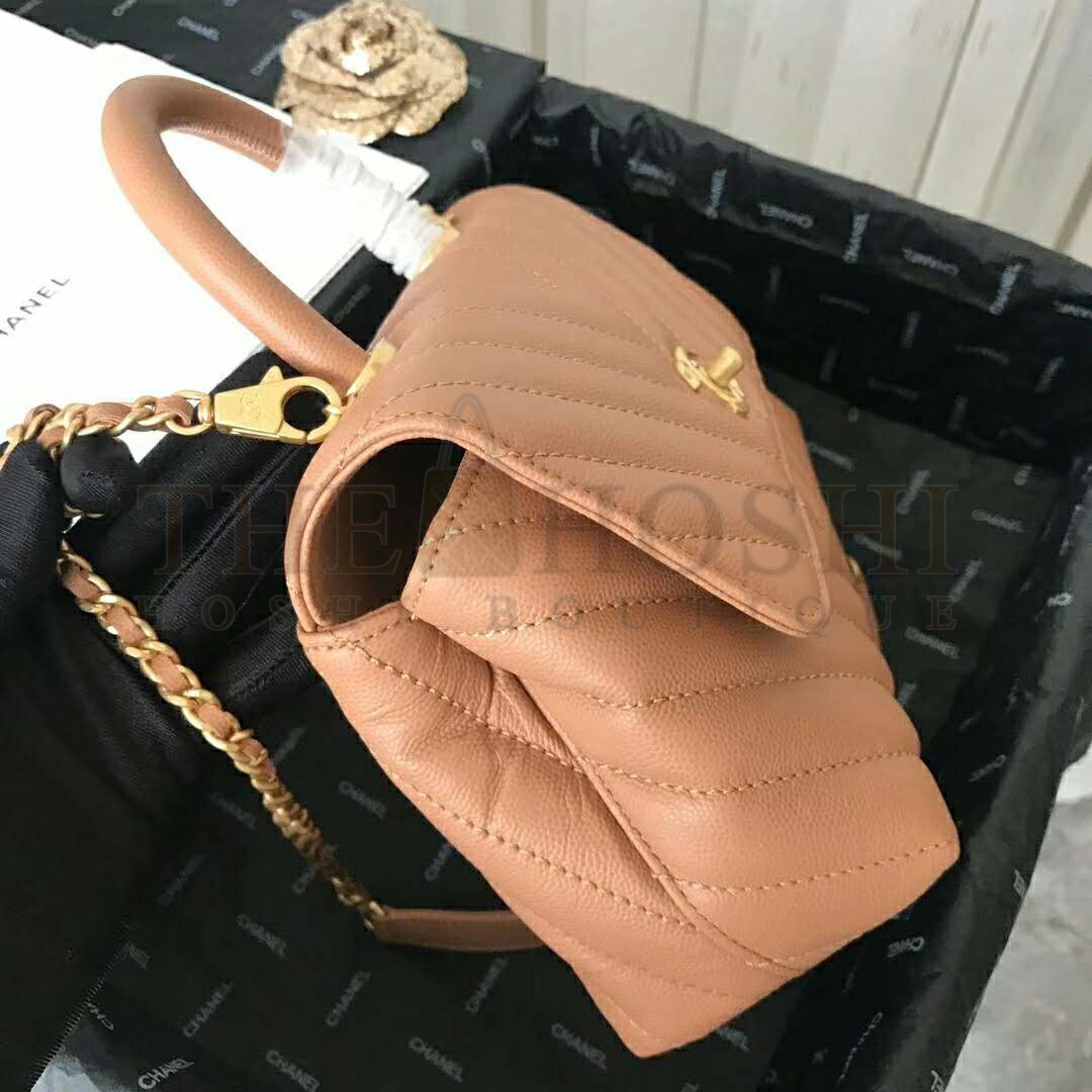 Ch**el Women Small Flap Bag with Top Handle Grained Calfskin-Beige Master Quality
