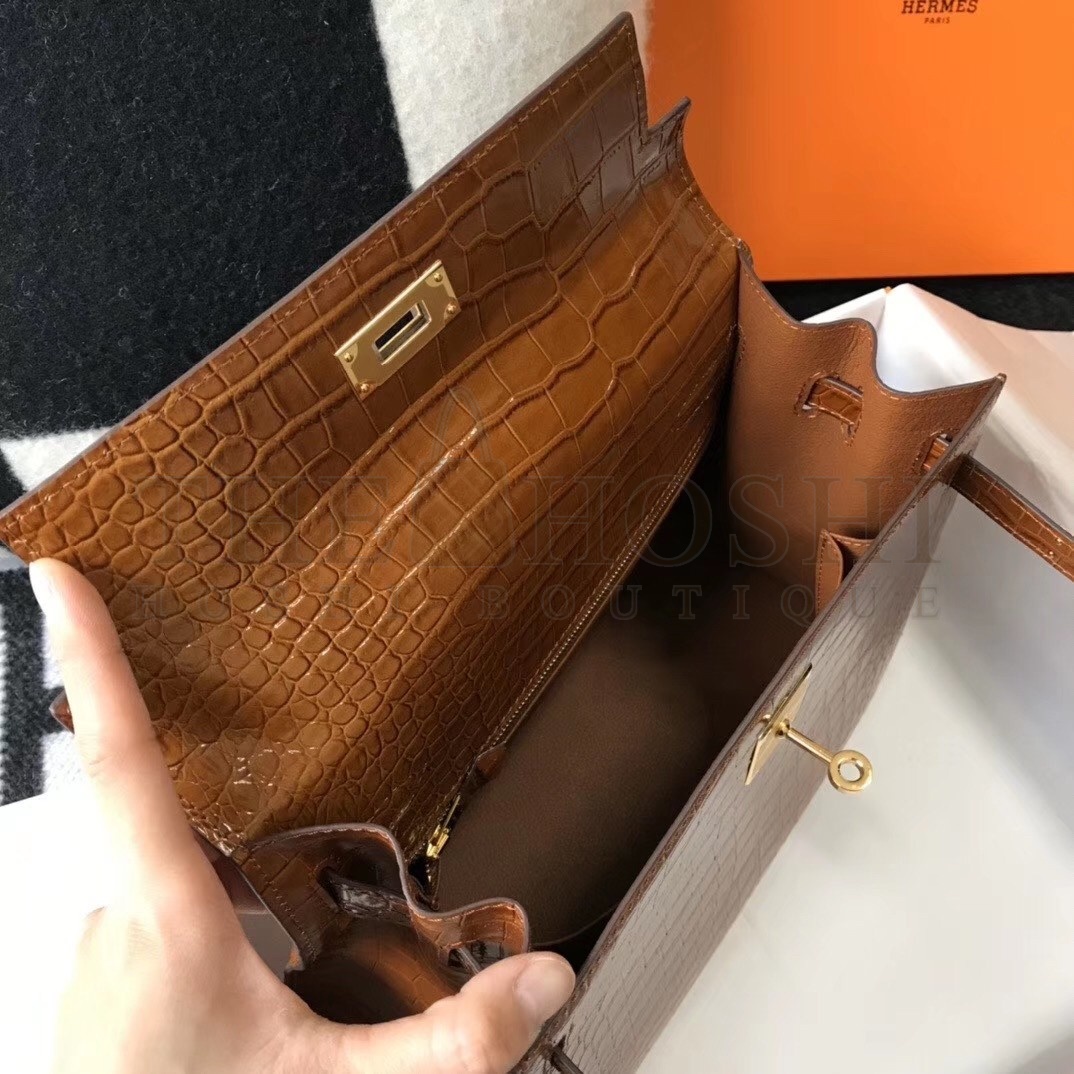 H**me5 Kelly 28cm Bag In Brown Embossed Crocodile GHW Master Quality