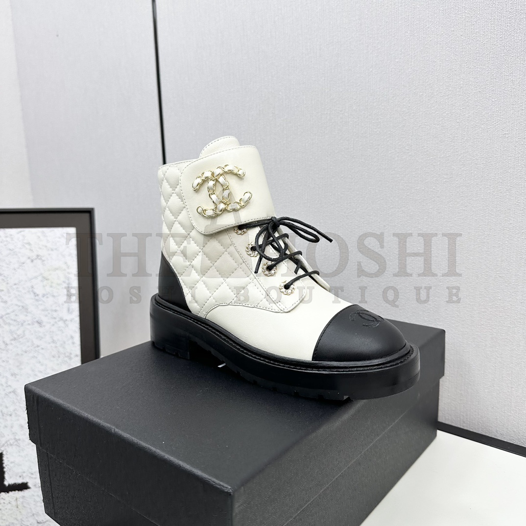 Ch**el Shiny Lambskin Quilted Lace Up Combat Boots Master Quality