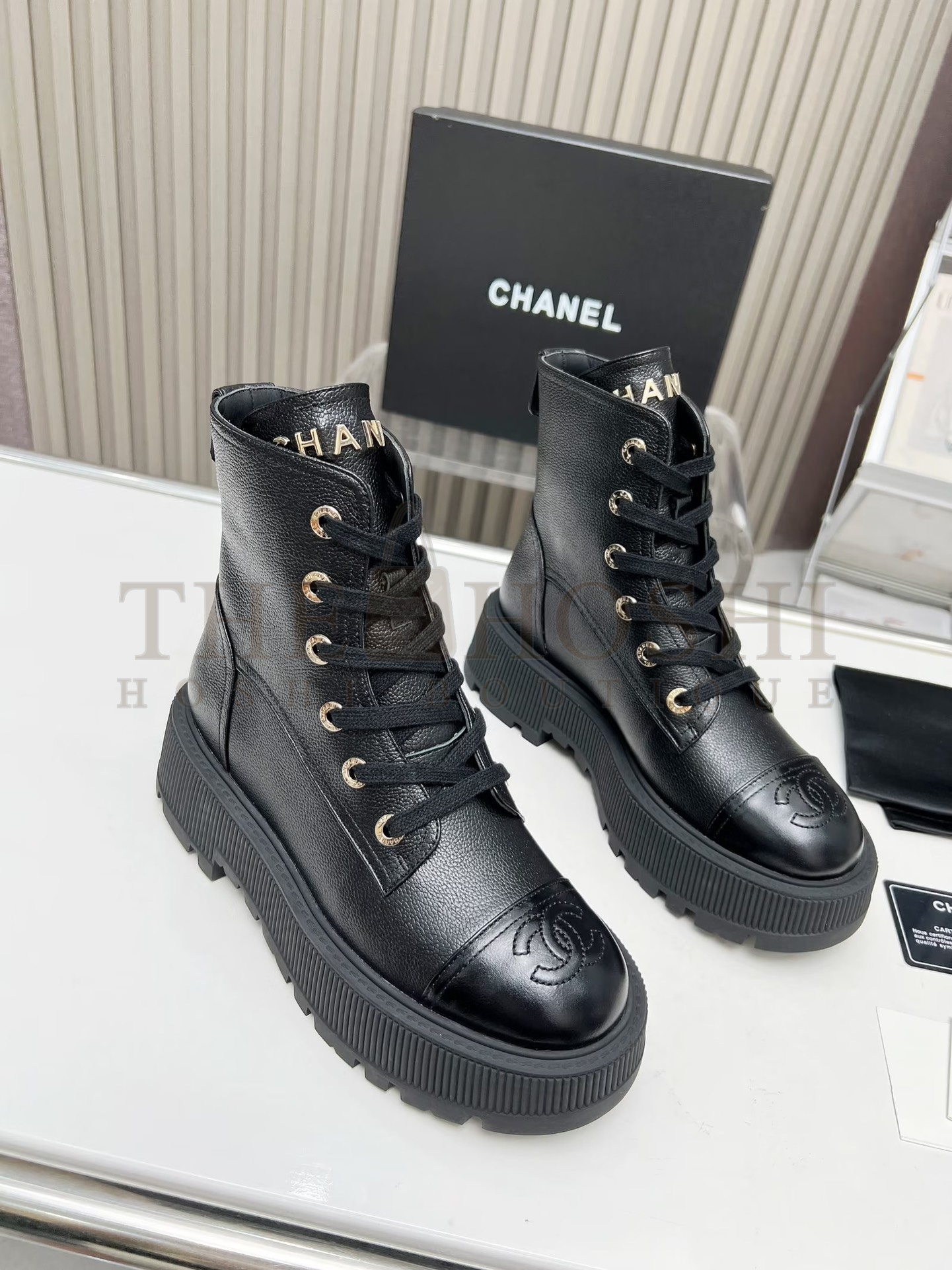 Ch**el Shiny Lambskin Quilted Lace Up Combat Boots Master Quality