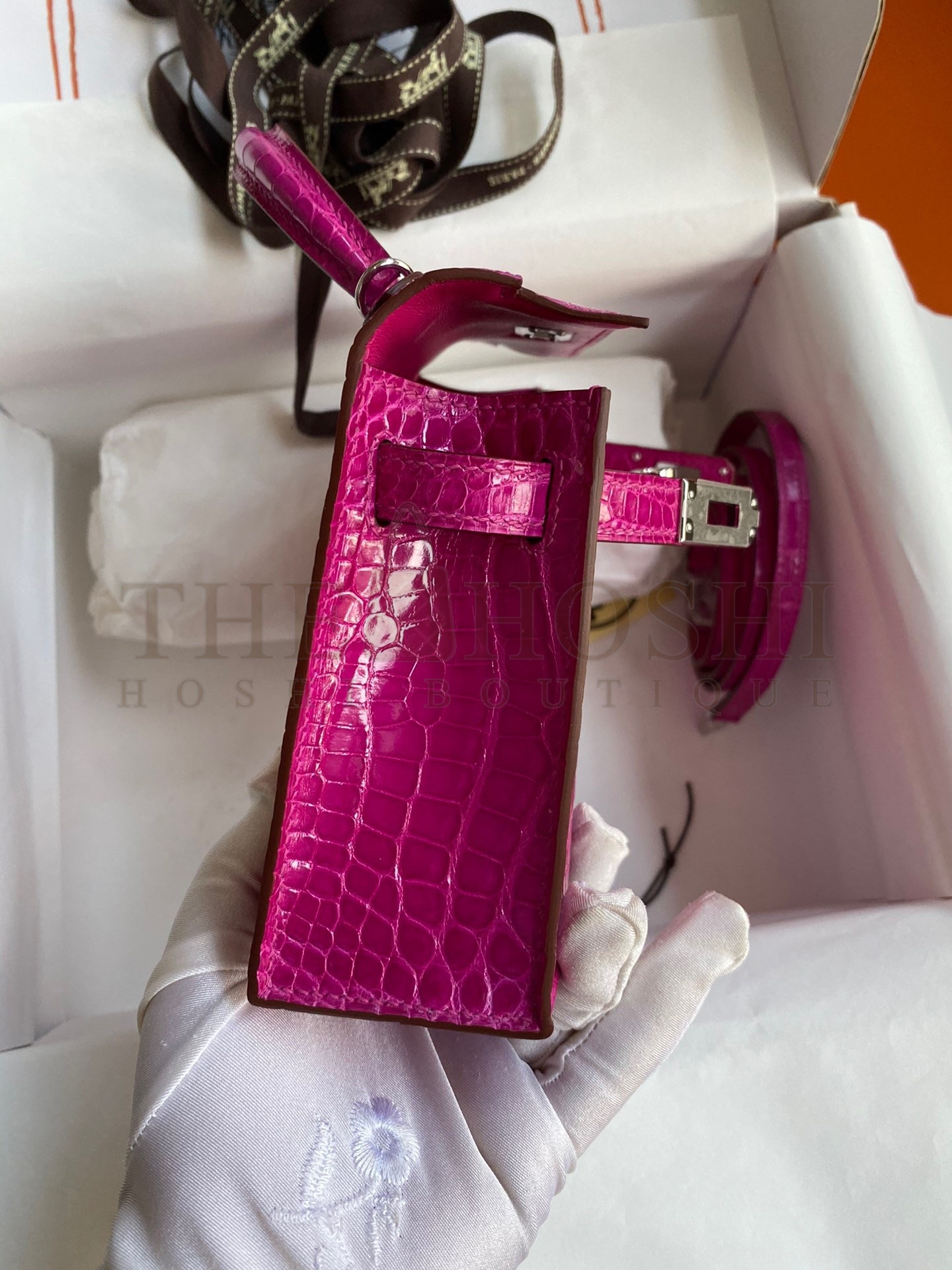 H**me5 Kelly Mini II Sellier Handmade Bag In Rose Scheherazade Shiny Alligator Leather Master Quality