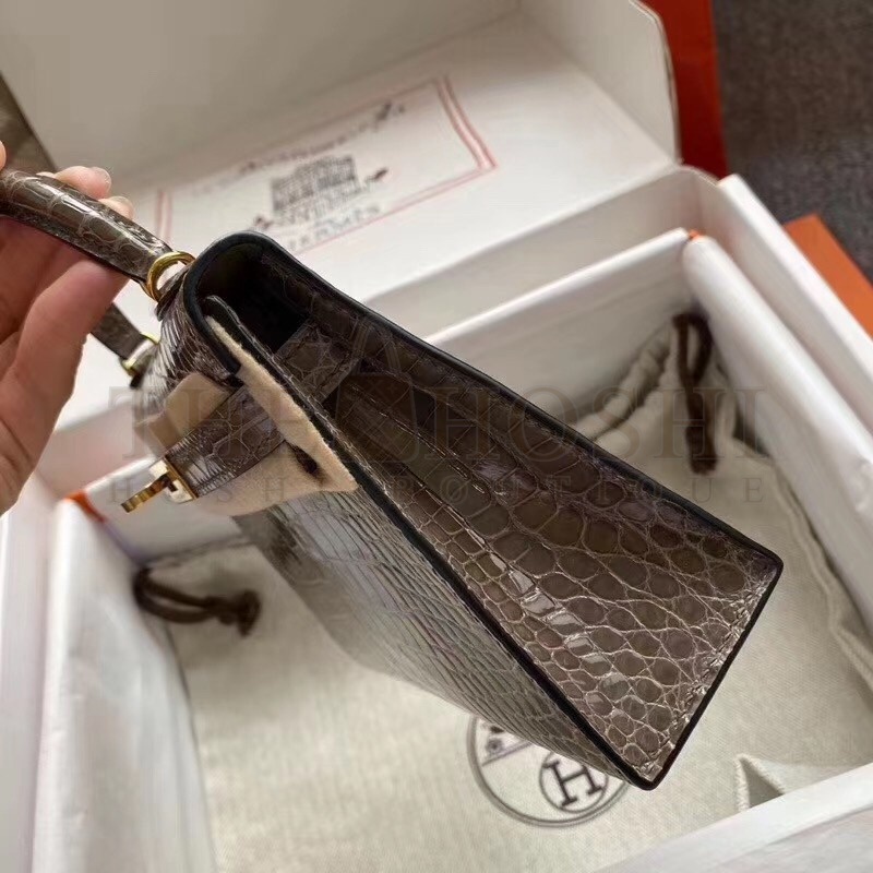 H**me5 Taupe Grey Alligator Crocodile Kelly Mini II Handmade Bag Master Quality