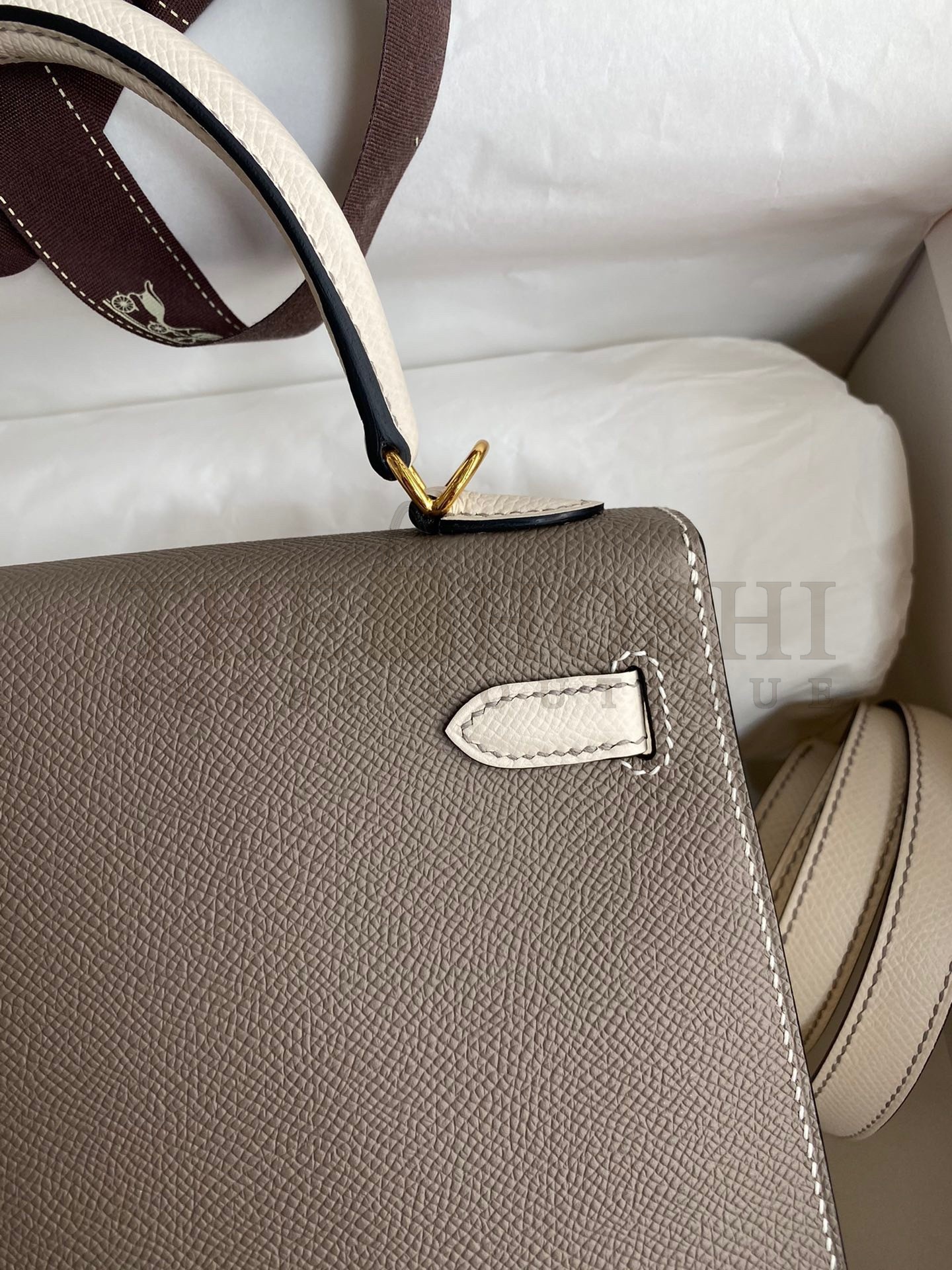 H**me5 Kelly Sellier 25 Bicolor Bag in Taupe and Craie Epsom Calfskin Master Quality