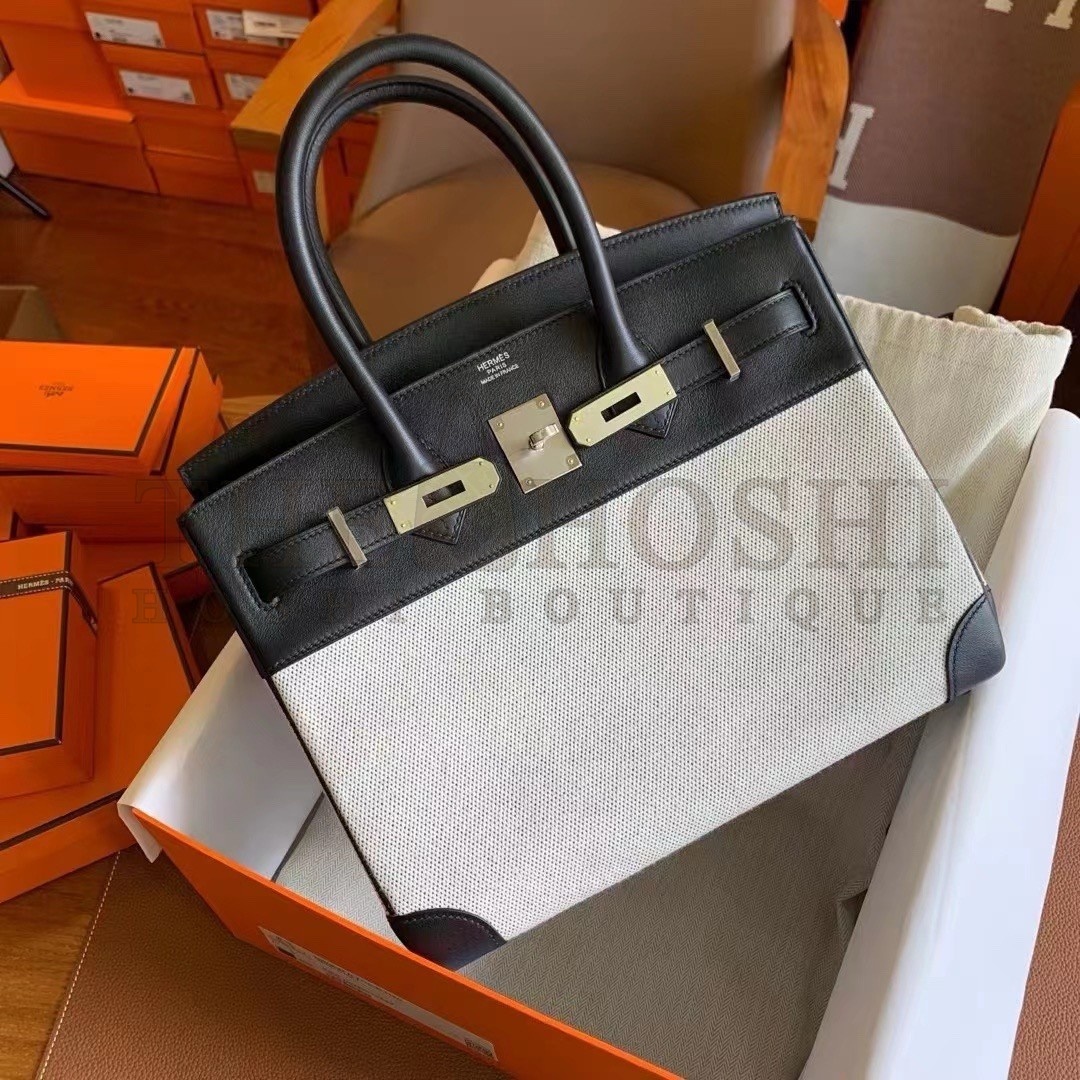 H**me5 Birkin 30 Handmade Bag In Toile & Black Swift Leather Master Quality