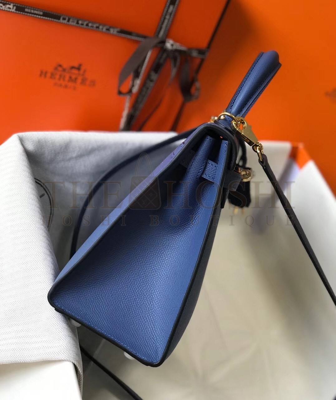 H**me5 Kelly 25cm Sellier Bag In Agate Blue Epsom Leather Master Quality