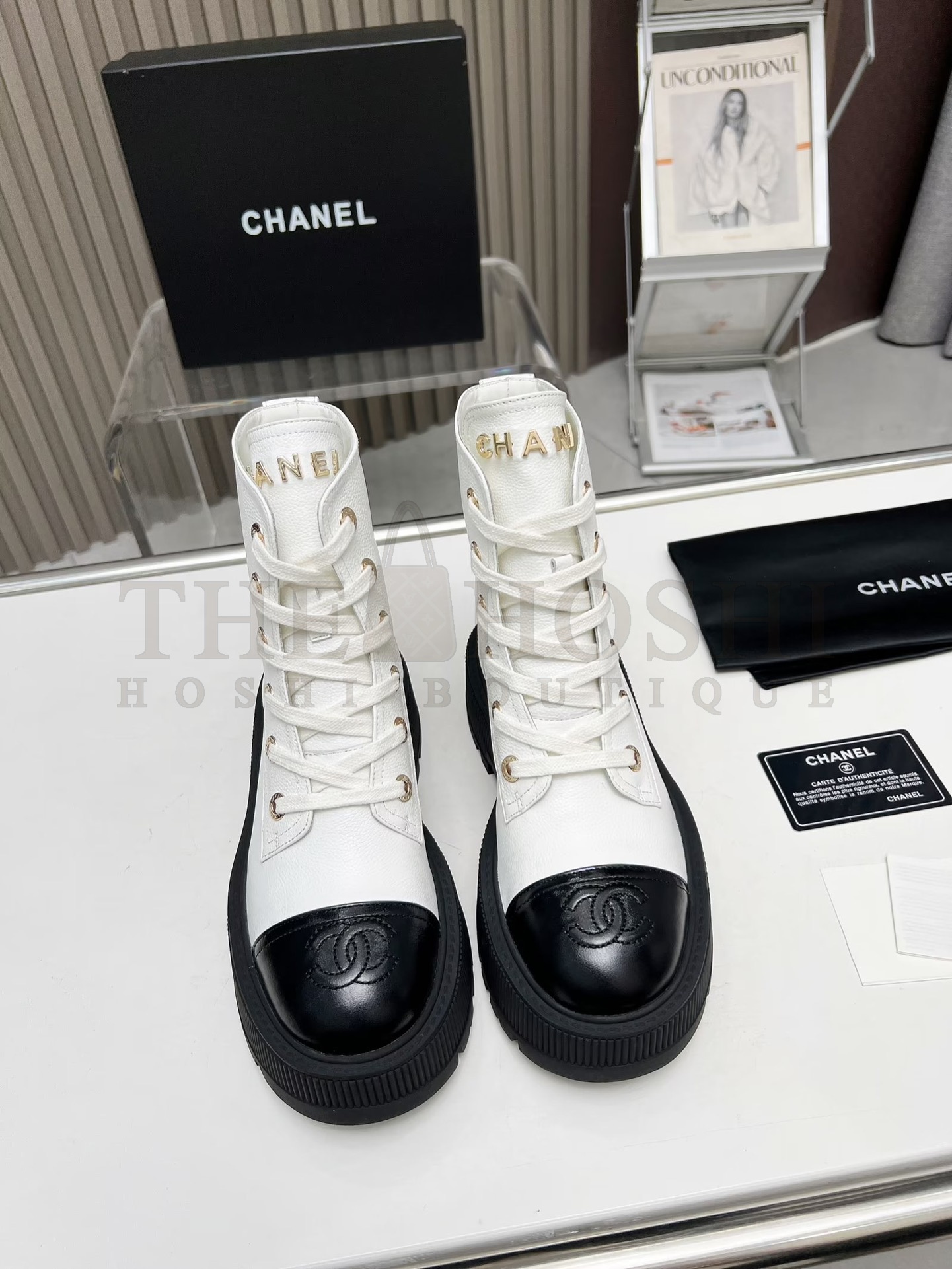 Ch**el Shiny Lambskin Quilted Lace Up Combat Boots Master Quality