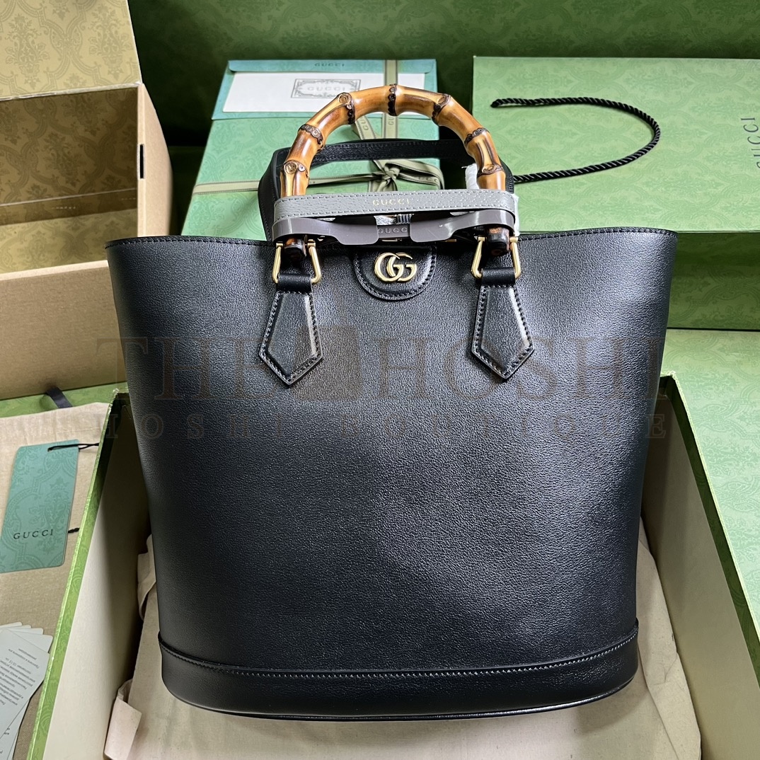 Gvc*1 Women Diana Medium Tote Bag Double G Black Leather Bamboo Handles Master Quality