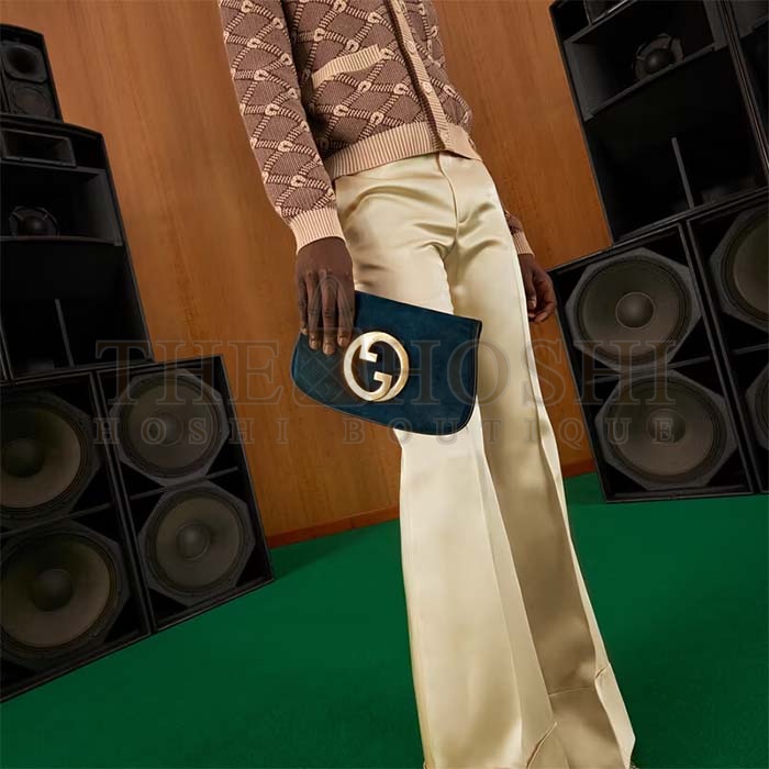 Gvc*1 Women GG Blondie Shoulder Bag Deep Blue Suede Interlocking G Master Quality
