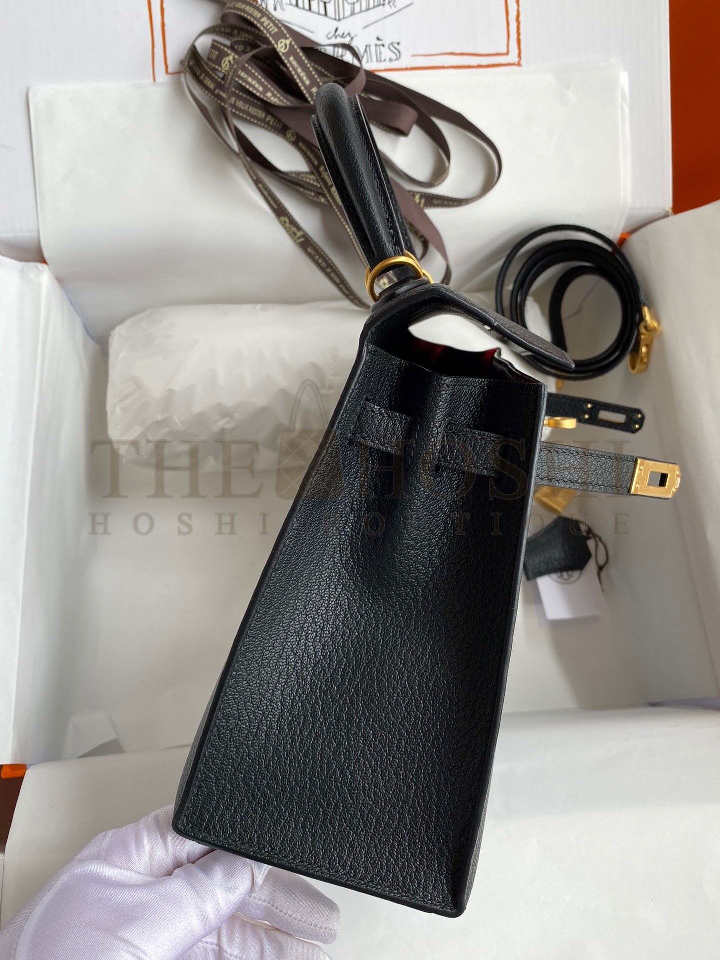H**me5 Kelly Sellier 25 Handmade Bag In Black Mysore Goatskin Master Quality