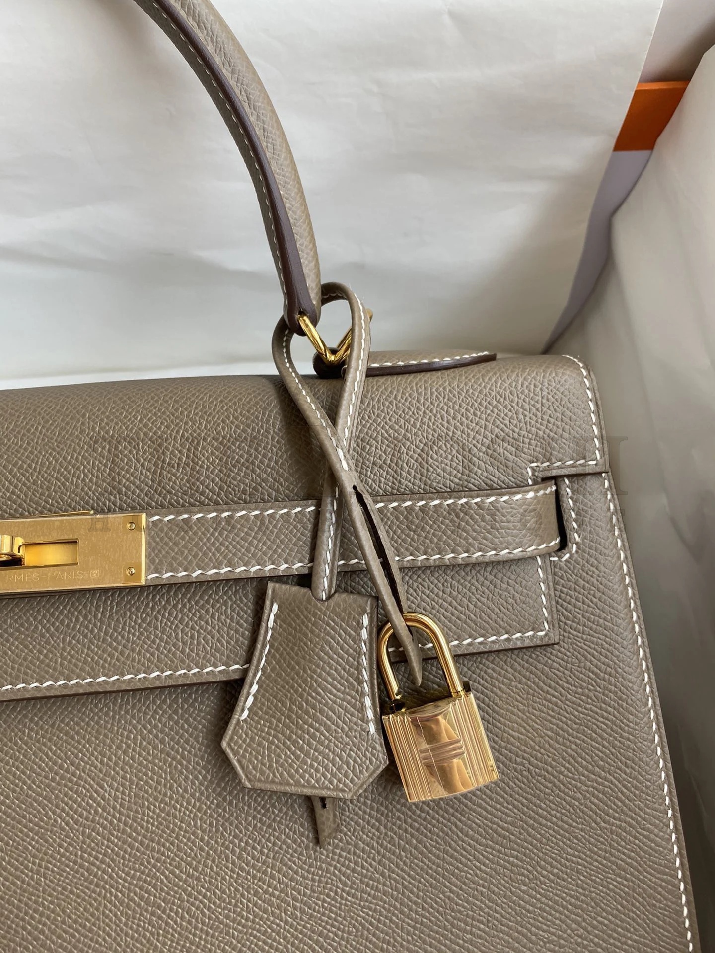 H**me5 Kelly Sellier 32 Handmade Bag In Taupe Epsom Calfskin Master Quality