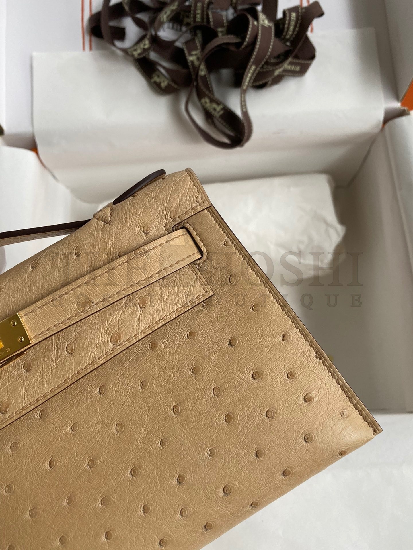 H**me5 Kelly Pochette Handmade Bag In Chai Ostrich Leather Master Quality