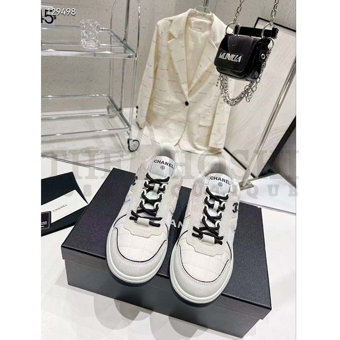 Ch**el Women CC Sneakers Fabric Suede Calfskin Calfskin White Light Gray Master Quality