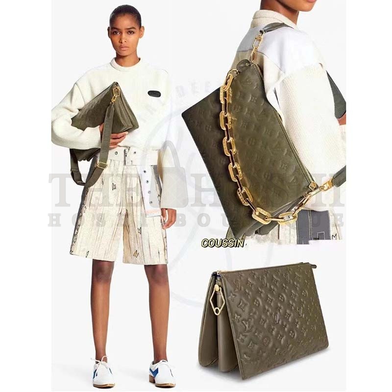 L0vis Vvtt0n LV Women Coussin MM Handbag Khaki Monogram Embossed Puffy Lambskin Master Quality
