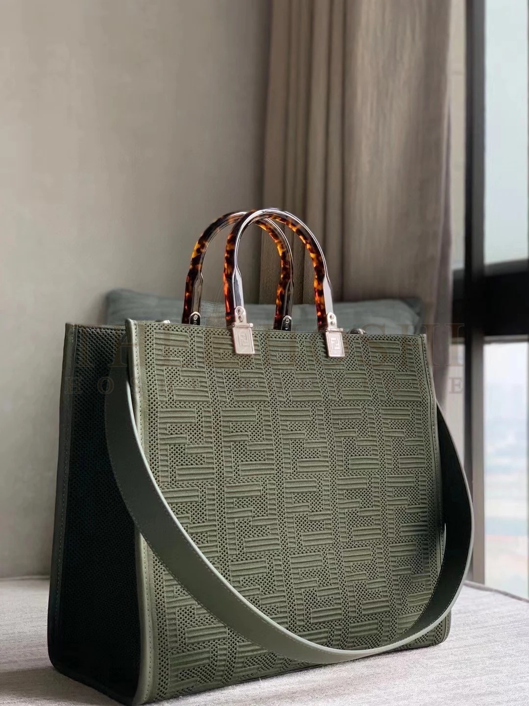 F**di Sunshine Medium Tote Bag In Green FF Fabric Master Quality