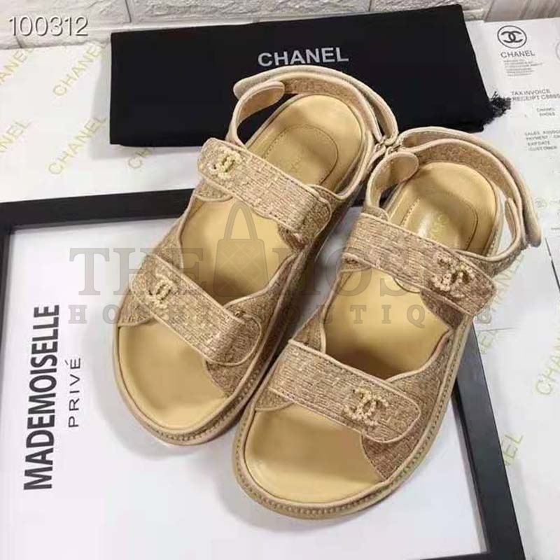 Ch**el Women Sandals Braided Fabric Beige 1 cm Heel Master Quality
