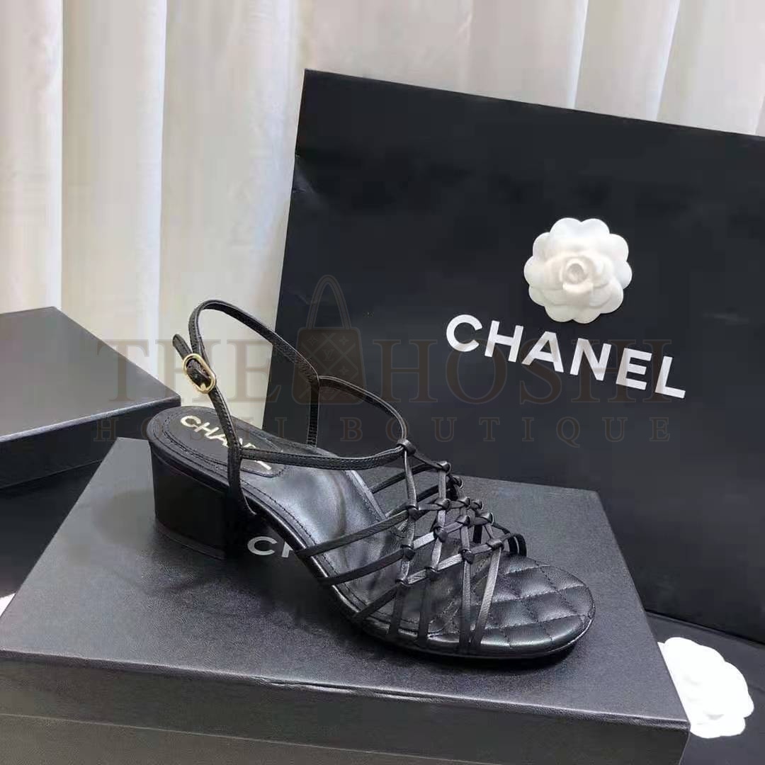 Ch**el Women Sandals Iridescent Calfskin Black 5 cm Heel Master Quality