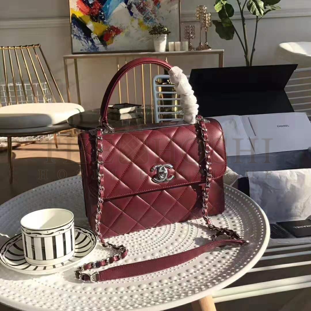 Ch**el Women Small Flap Bag with Top Handle in Lambskin Leather-Maroon Master Quality